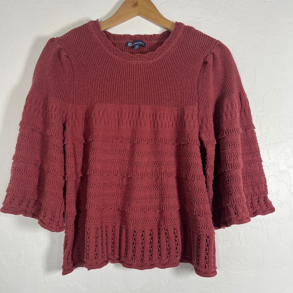 Democracy Cotton Ruffle‎ Tiered Knit Sweater 1X plus size 3/4 Sleeve Top